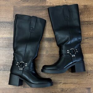 Black Mid-Calf Harness Heeled Boots